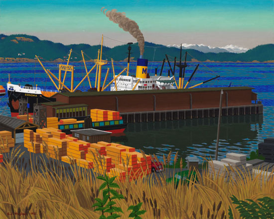 A Freighter at the Dock, Crofton, BC par Edward John (E.J.) Hughes