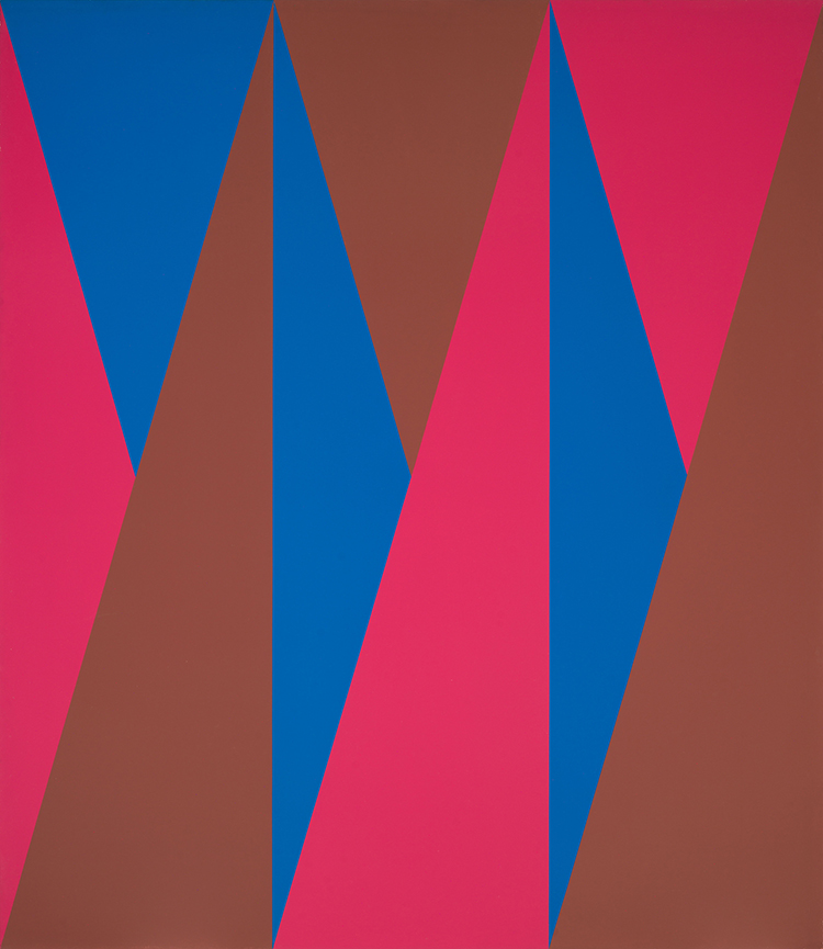 Triple composition triangulaire brun, bleu, fuchsia par Guido Molinari