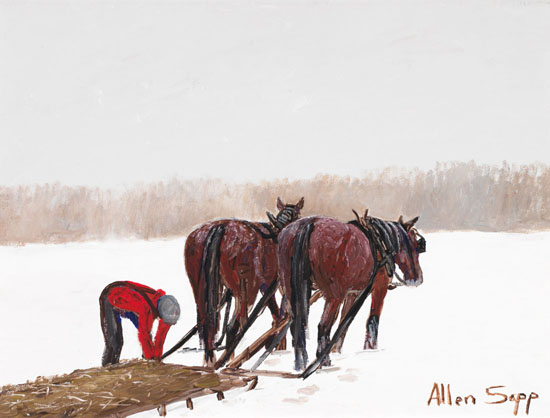 A Man Unhitching Horses by Allen Sapp