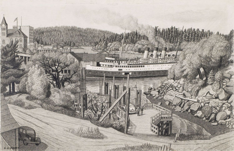 Vancouver Boat at the Old Wharf, Nanaimo, BC by Edward John (E.J.) Hughes