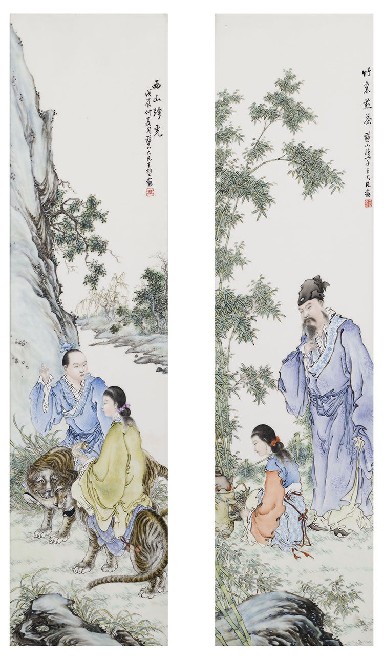 A Pair of Rare and Important Chinese Famille Rose 'Figural' Panels, 1928 by Wang Dafan