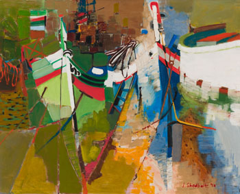 Boat Theme in Green, Red, White and Blue; Beach, Collioure by Jack Leonard Shadbolt sold for $67,250