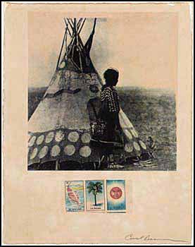 Figure Outside Teepee, Spanish Stamps by Carl Beam