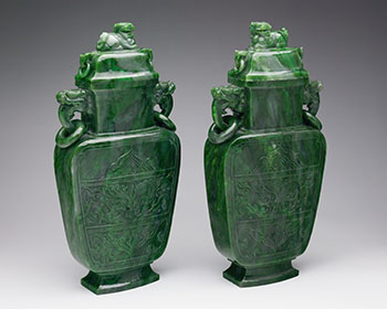 A Pair of Large Archaistic Spinach Green Jade Vases and Covers, Mid 20th Century by  Chinese Art